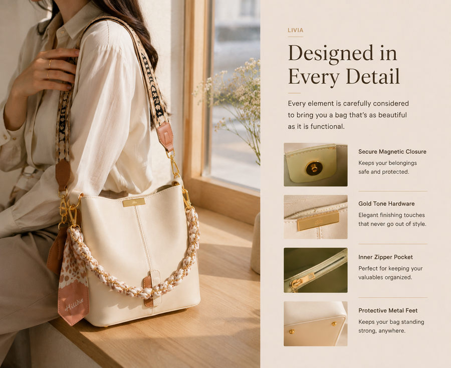 Livia handbag design details and hardware